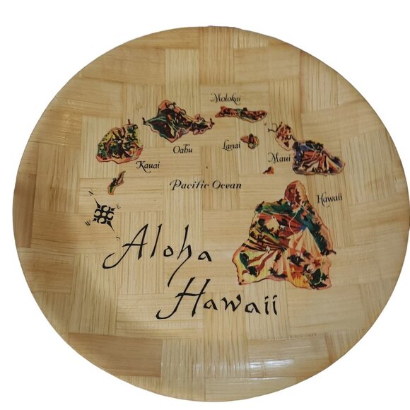 Hawaii Souvenir Shallow Platter Bowl Tray Woven Bamboo of Hawaiian Islands Map - Picture 13 of 15